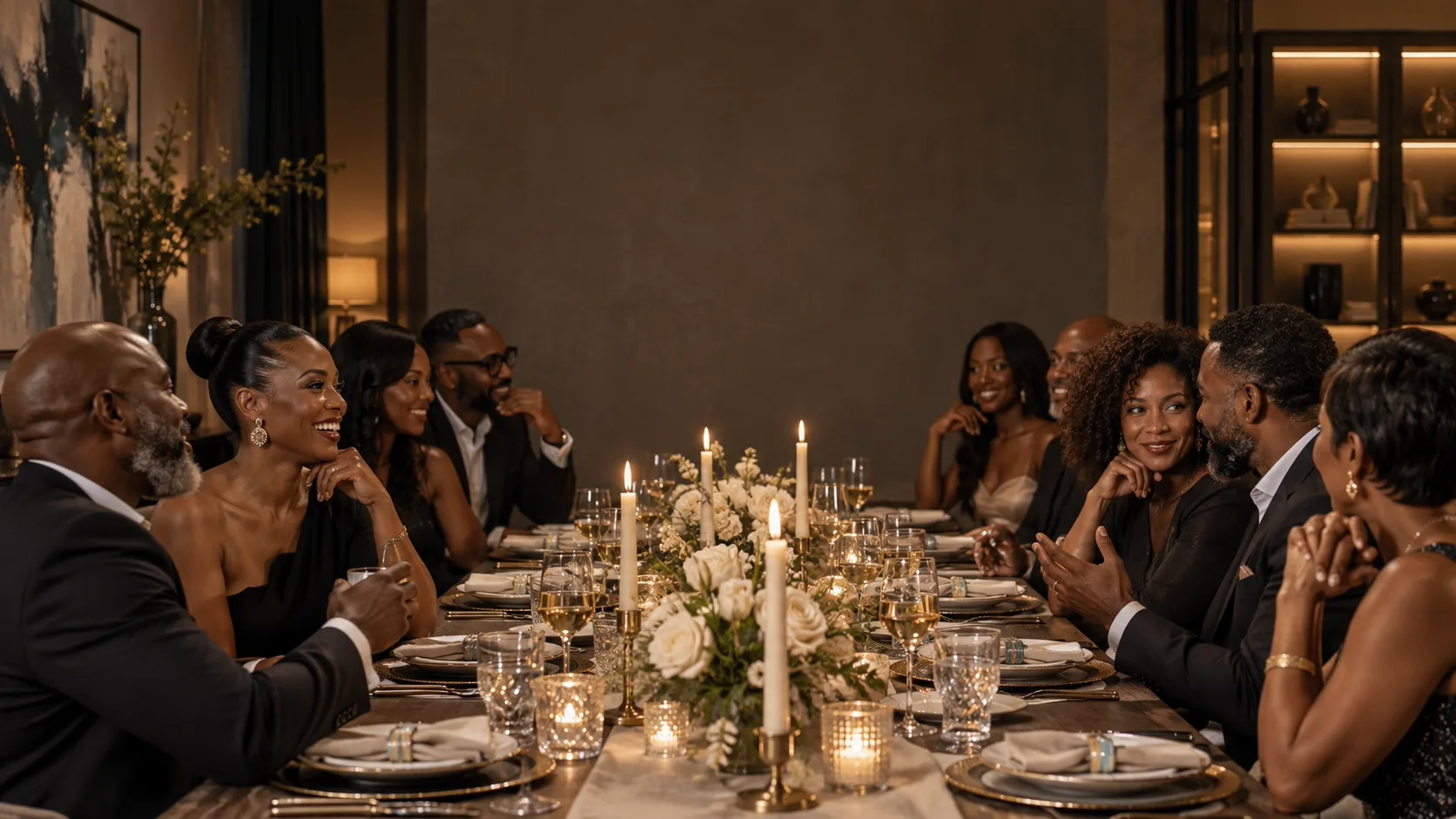 Guests sharing an elegant candlelit dining experience designed by The Sevyn Experience.