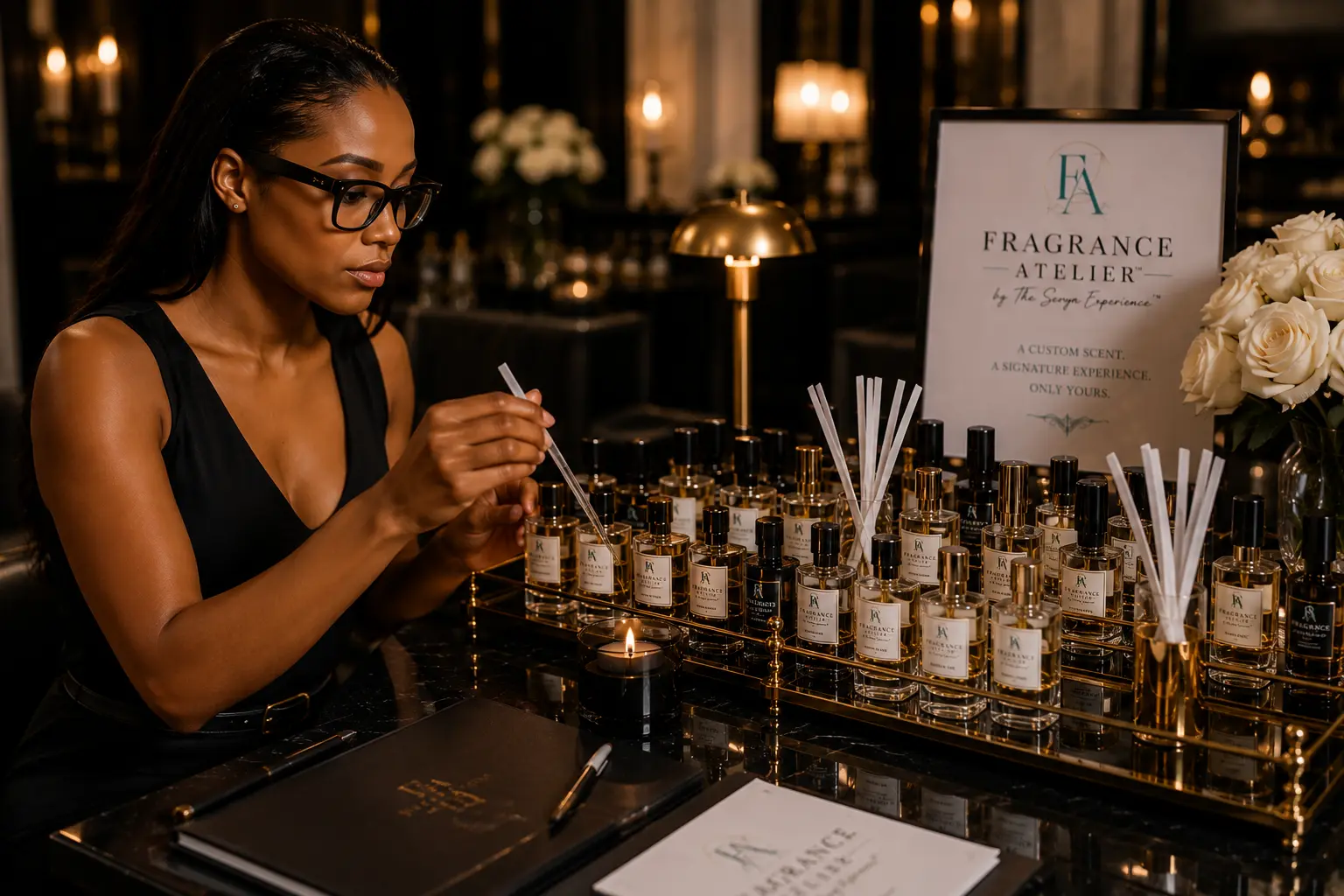 A guest at the Fragrance Atelier bar lifting a scent strip from the tray