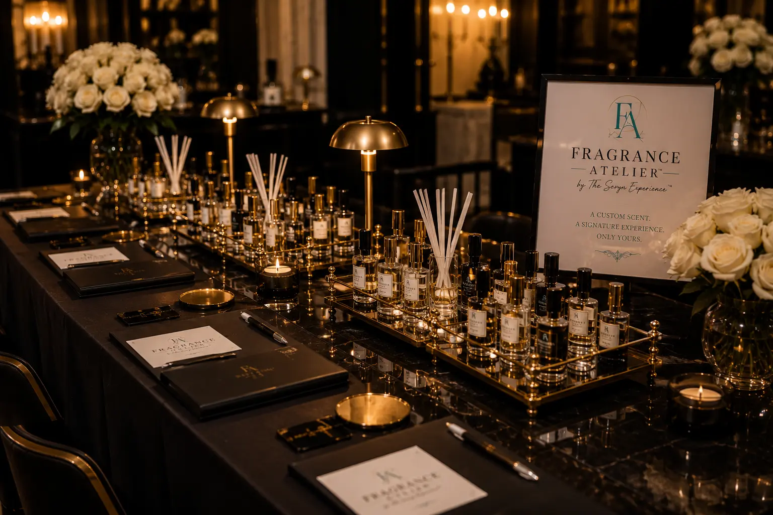 The Fragrance Atelier bar dressed with guest stations, scent bottles, strips, brass lamps, and ivory roses
