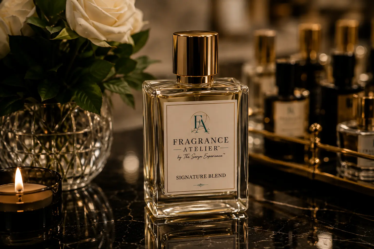 A Fragrance Atelier signature blend bottle in candlelight beside ivory roses
