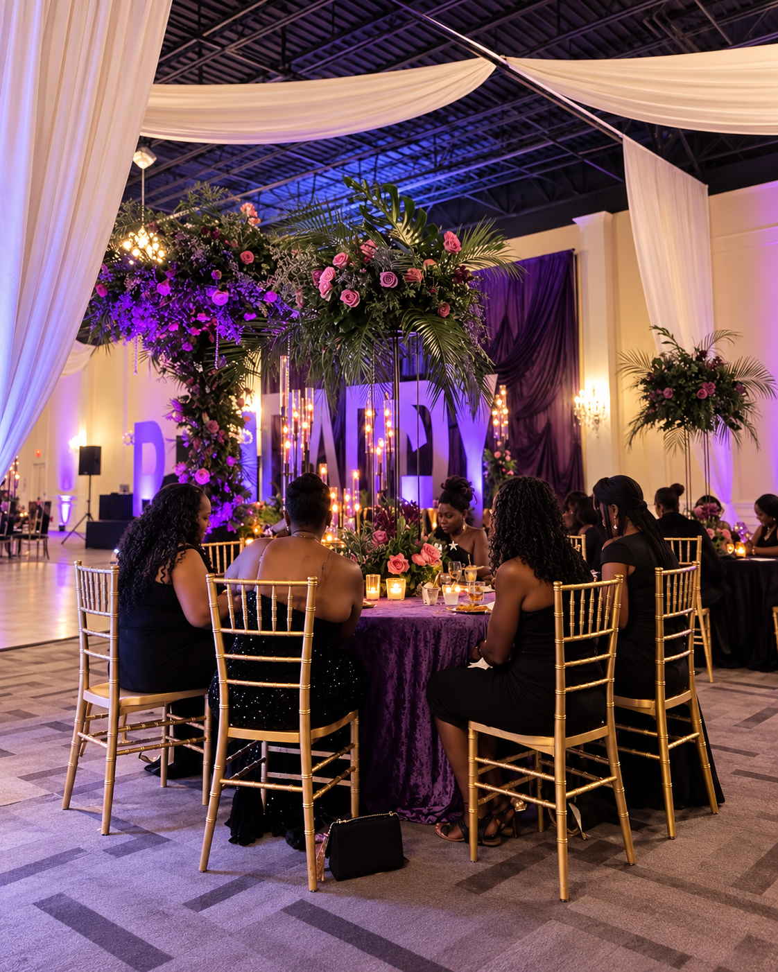 Guests seated beneath a purple-lit floral canopy at a candlelit celebration.
