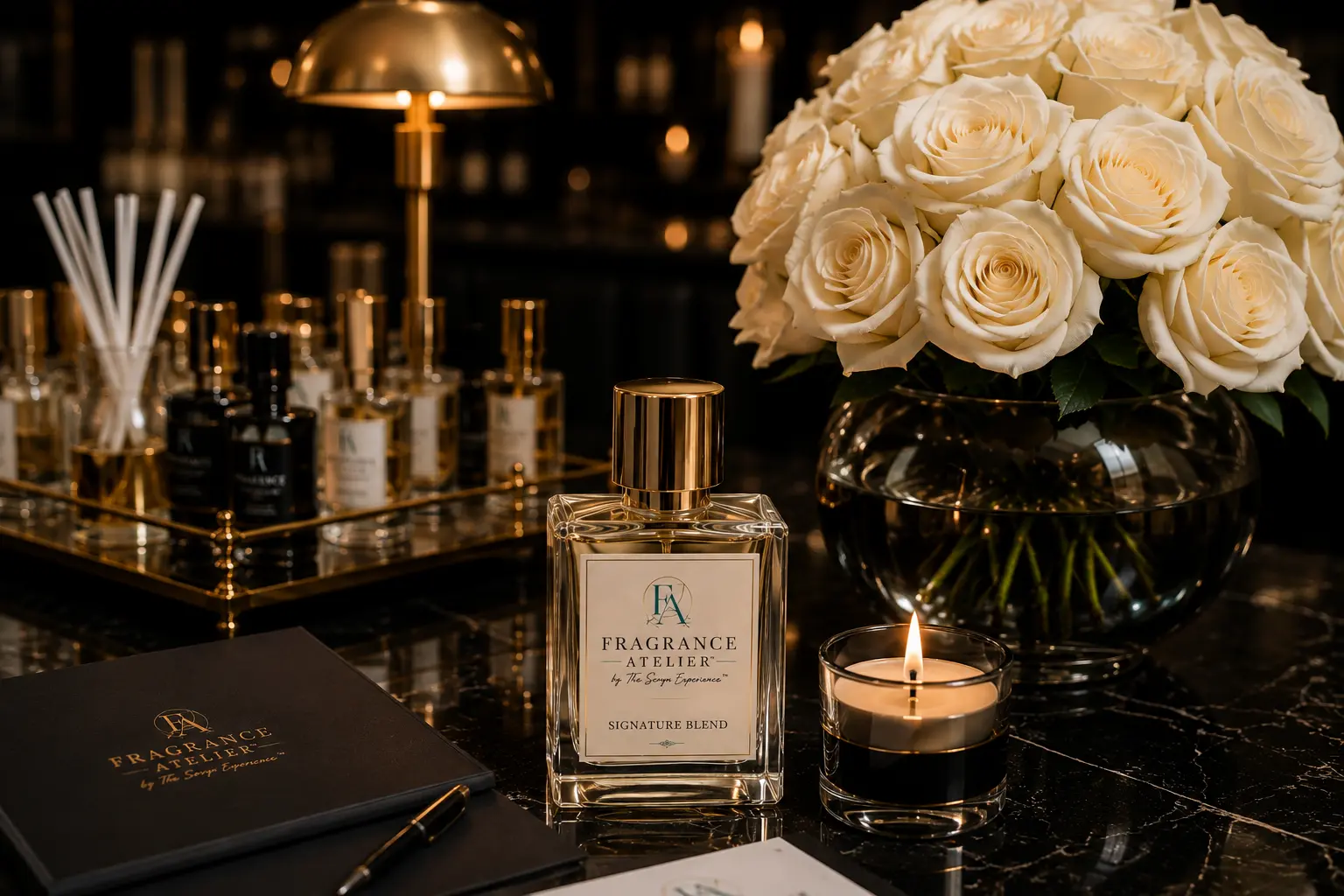 A Fragrance Atelier signature blend bottle beside ivory roses and candlelight