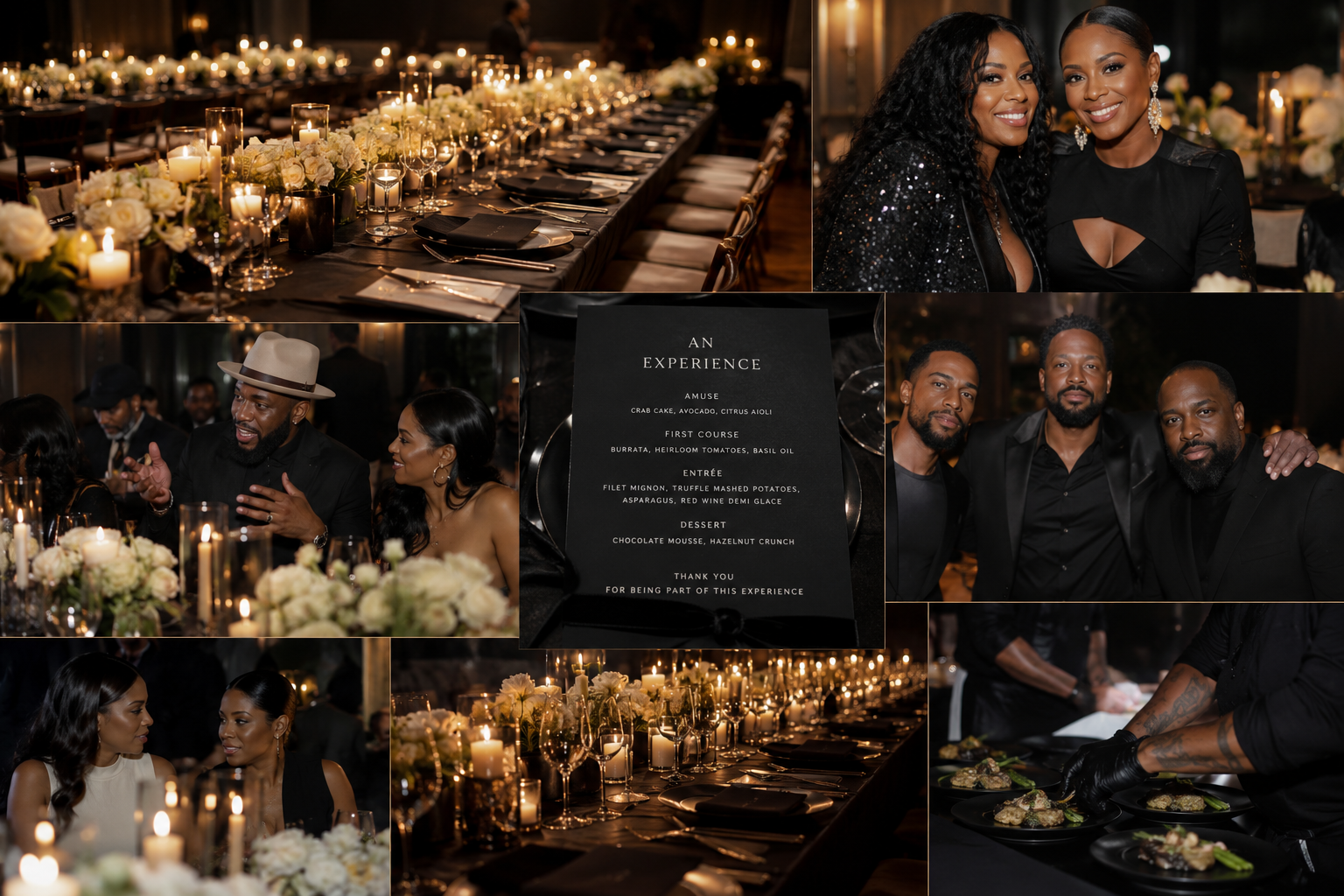 A curated Sevyn Experience dinner with candlelit tables, custom menus, and guests in conversation