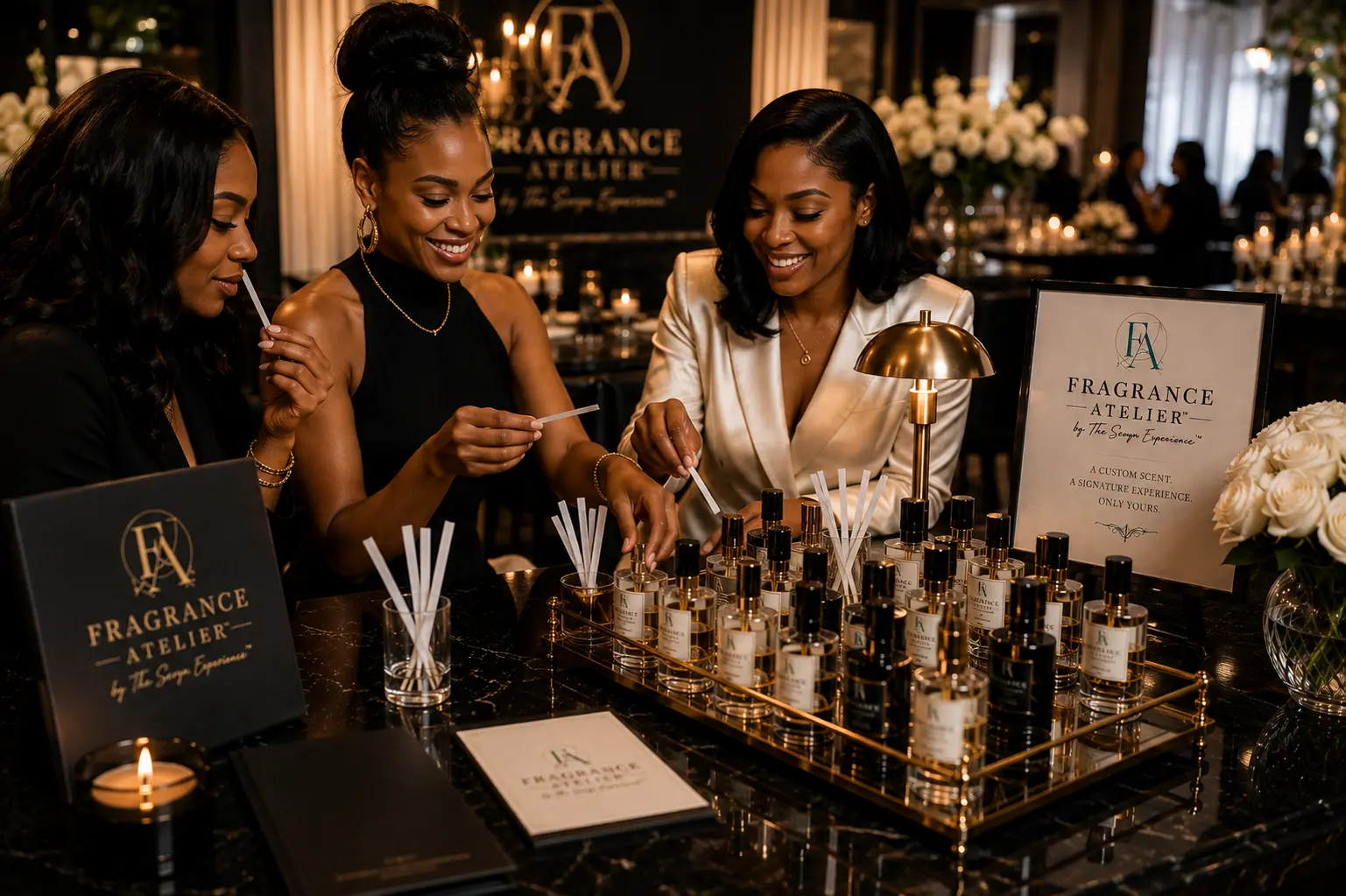 Three guests at the Fragrance Atelier bar sampling scent strips together