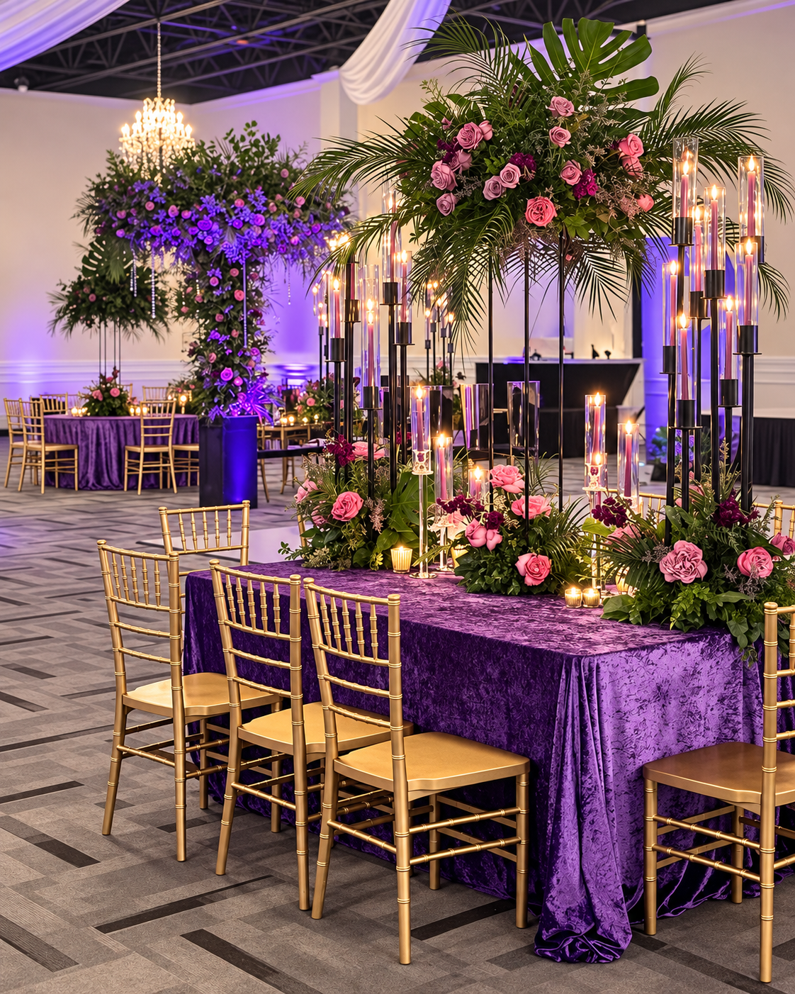Purple floral and candle installation designed by The Sevyn Experience.