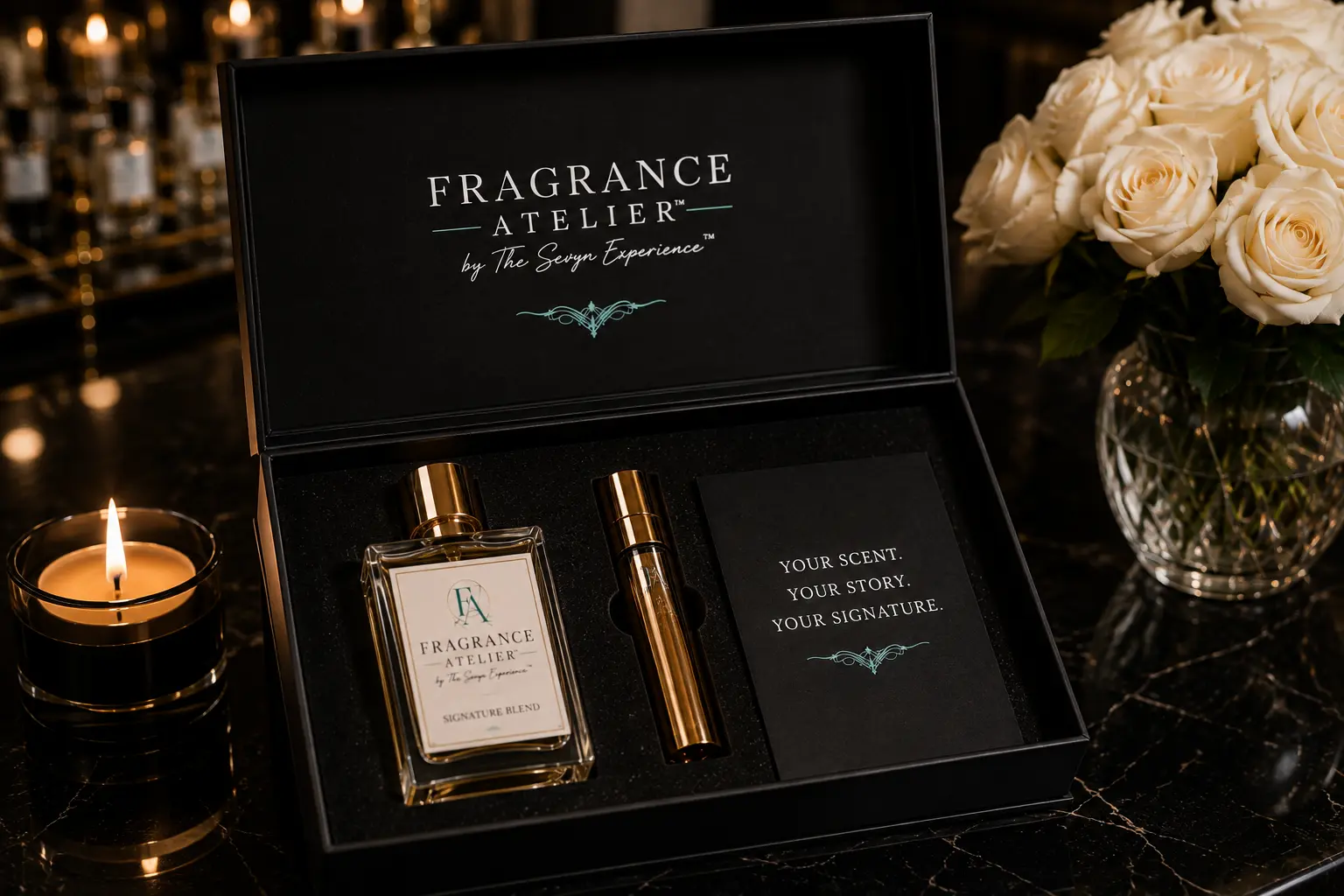 An open black Fragrance Atelier presentation box holding a bottle, travel atomizer, and signature card