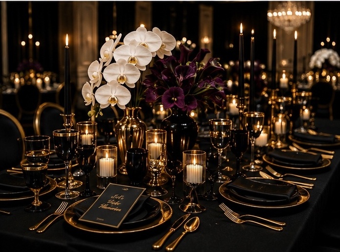 Guests gathered at a candlelit dinner table