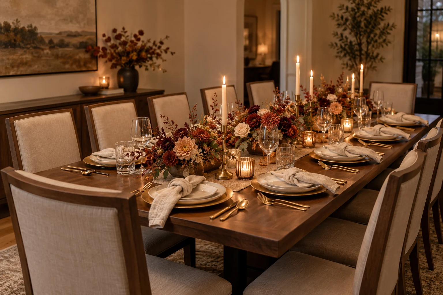 Modern Harvest Friendsgiving table with rust and cream florals, gold place settings and candlelight.